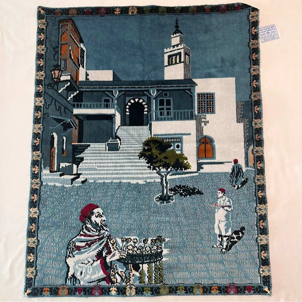 Vintage 90s Tunisian Velvet Fabric Tapestry Carpet Wall Decor 27”x34”